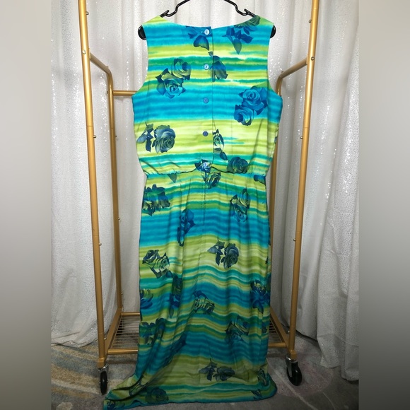 Vintage J. Stevens Blue/Yellow Sleeveless Maxi Dress w/ Blue Floral Pattern - Picture 2 of 6